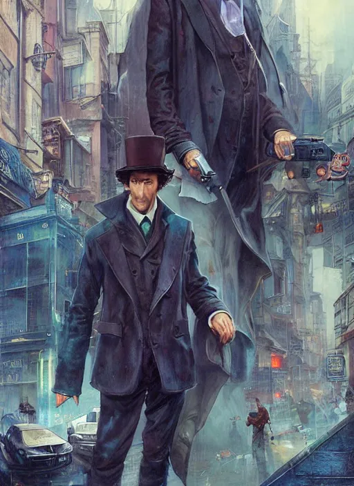 Image similar to sherlock holmes in a futuristic city street, soft colours, detailed, digital art, hd, by tom bagshaw, by fintan magee, by raymond swanland