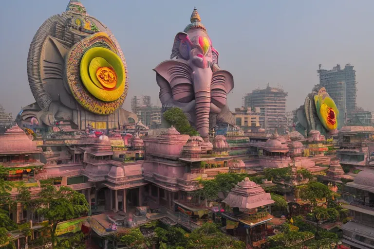 Image similar to beautiful futuristic new delhi, sharp sci - fi ganesha!! building, kalighat flowers, highly detailed cinematic, stephen shore & john j. park, soft morning light, wide shot, high angle, uhd 8 k, shallow depth of field