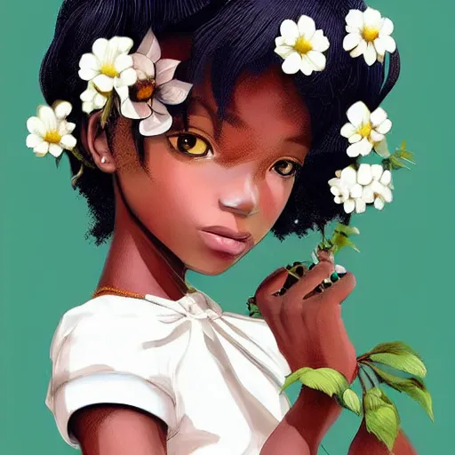 Image similar to little african girl with flowers in hair wearing an white dress. art by ilya kuvshinov, profile picture, inspired in hirohiko araki, realistic, highly detailed, 8 0 s anime art style, vogue cover