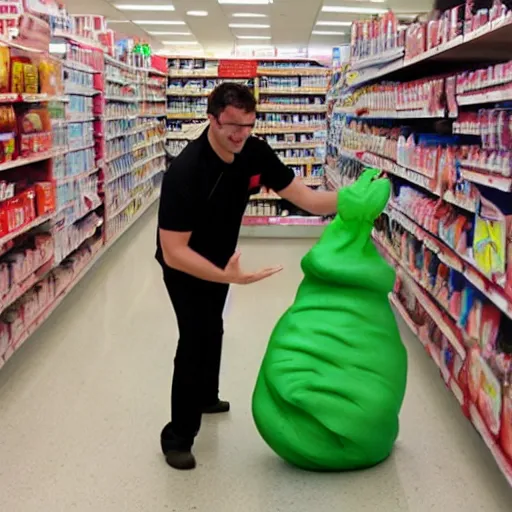 Prompt: photo, a man wearing a giant slimy slug costume crawling through a cvs pharmacy