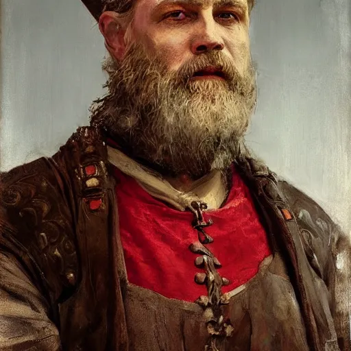 Prompt: Solomon Joseph Solomon and Richard Schmid and Jeremy Lipking victorian genre painting portrait painting of a old rugged movie actor medieval french english german knight character in fantasy costume, red background