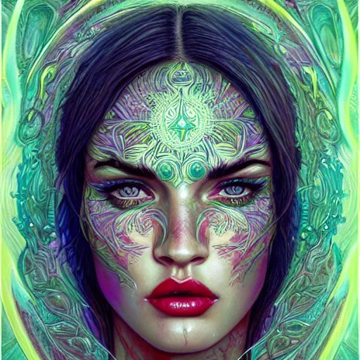 Image similar to portrait of megan fox, hyper detailed masterpiece, neon floral pattern, jean giraud, digital art painting, darkwave goth aesthetic, psychedelic, artgerm, donato giancola and tom bagshaw