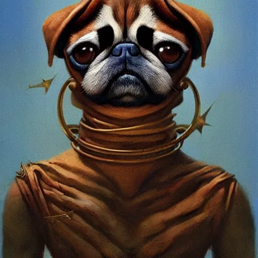 Image similar to head and shoulders vogue photo portrait of a pugalier anthropomorphic dog, d & d, fantasy, greg rutkowski, frank frazetta, alexandre chaudret, boris vallejo, michael whelan, miro petrov, hr giger, magali villeneuve, donato giancola