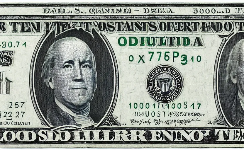 Prompt: rectangular photograph of ten dollar u. s. currency note featuring president biden