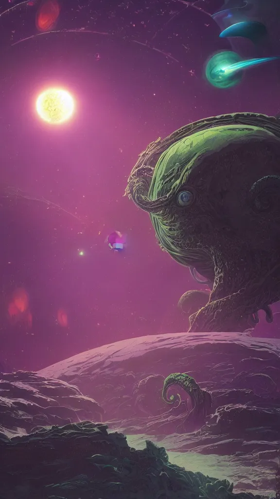 Prompt: a digital art of a cthulhu planet about to inavde other planets in the galaxy, starships around the planets firing at the giant cthulhu monster eye, ultrawide shot, overlook, art by beeple, ayami kojima, cedric peyravernay, finnian macmanus, alphonse mucha, victo ngai, greg rutkowski, concept art