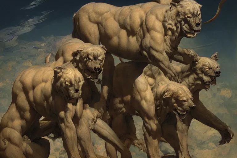 Image similar to hyperdetailed matte art of cerberus by william blake, ilya repin, amano, rene magritte, craig mullins