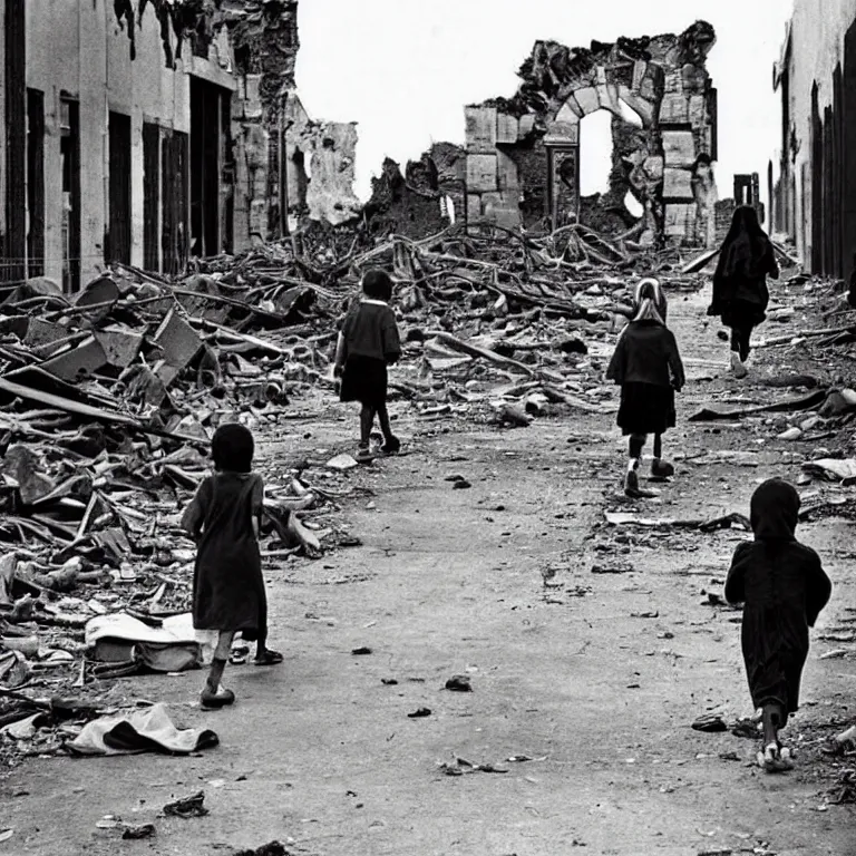 Image similar to homeless children walk through the ruins of the city, scary photo in color