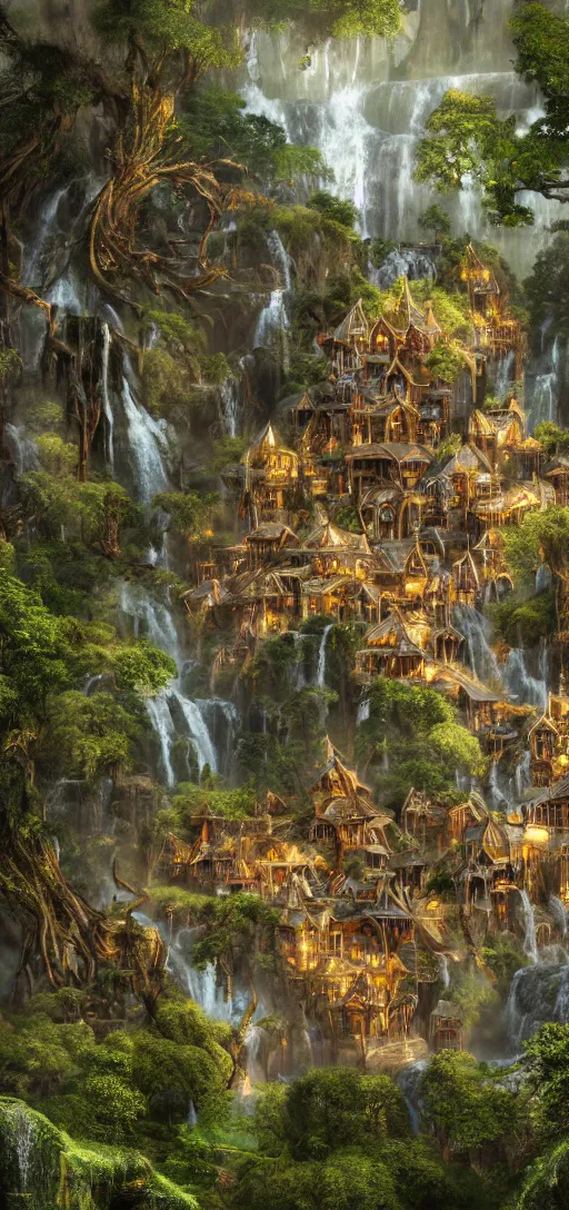 Image similar to wooden elven City with golden roofs, arches and bridges on top of a WATERFALL in the fall, gnarly trees, lush vegetation, forrest, a small stream runs beneath the waterfall, landscape, raphael lacoste, eddie mendoza, alex ross, john howe, concept art, matte painting, highly detailed, rule of thirds, dynamic lighting, cinematic, detailed, denoised, centerd, clean render