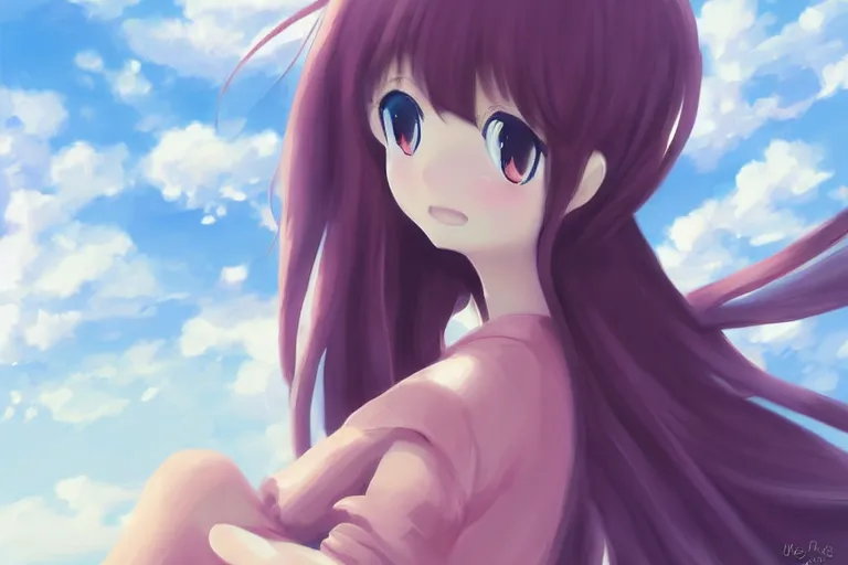 Image similar to a cute anime girl sitting on a cloud, digital painting, anime, portrait