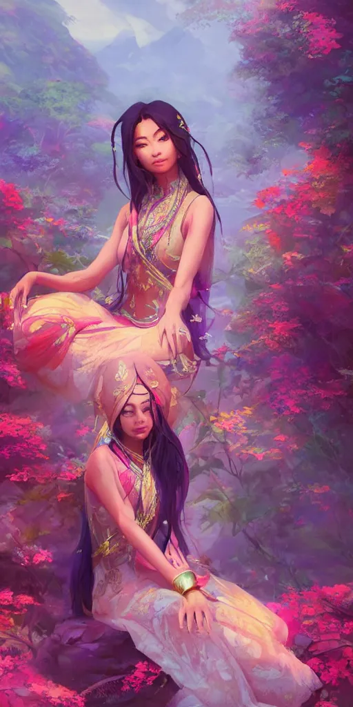 Prompt: a himalayan woman sitting in water, ritual, mage, beautiful gown, vibrant colors, somber, glowing flowers, by Makoto Shinkai and Wojtek Fus, by sakimichan, rossdraws, by artgerm