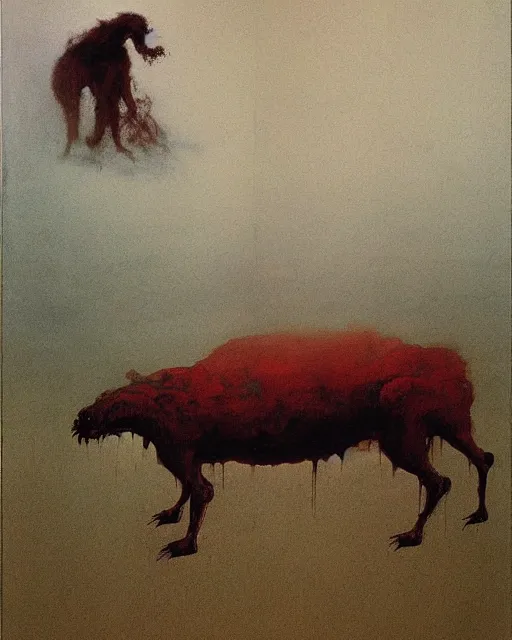 Image similar to a Francis Bacon Painting of a large beast walking the countryside and eating a person, Beksinski painting, part by Francisco Goya and Gerhard Richter. art by James Jean, Francis Bacon masterpiece