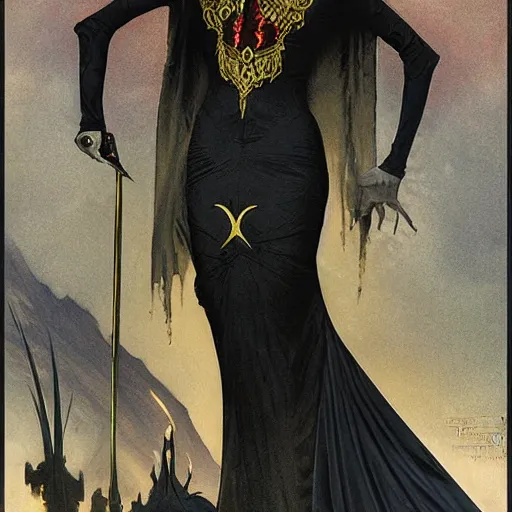 Image similar to an extremely detailed matte painting of a vampire queen in a resplendent black dress with gold and crimson trim and a long leg slit, in the style of magic the gathering, 8 k, sharp focus, detailed face, art by john collier and albert aublet and krenz cushart and artem demura and alphonse mucha