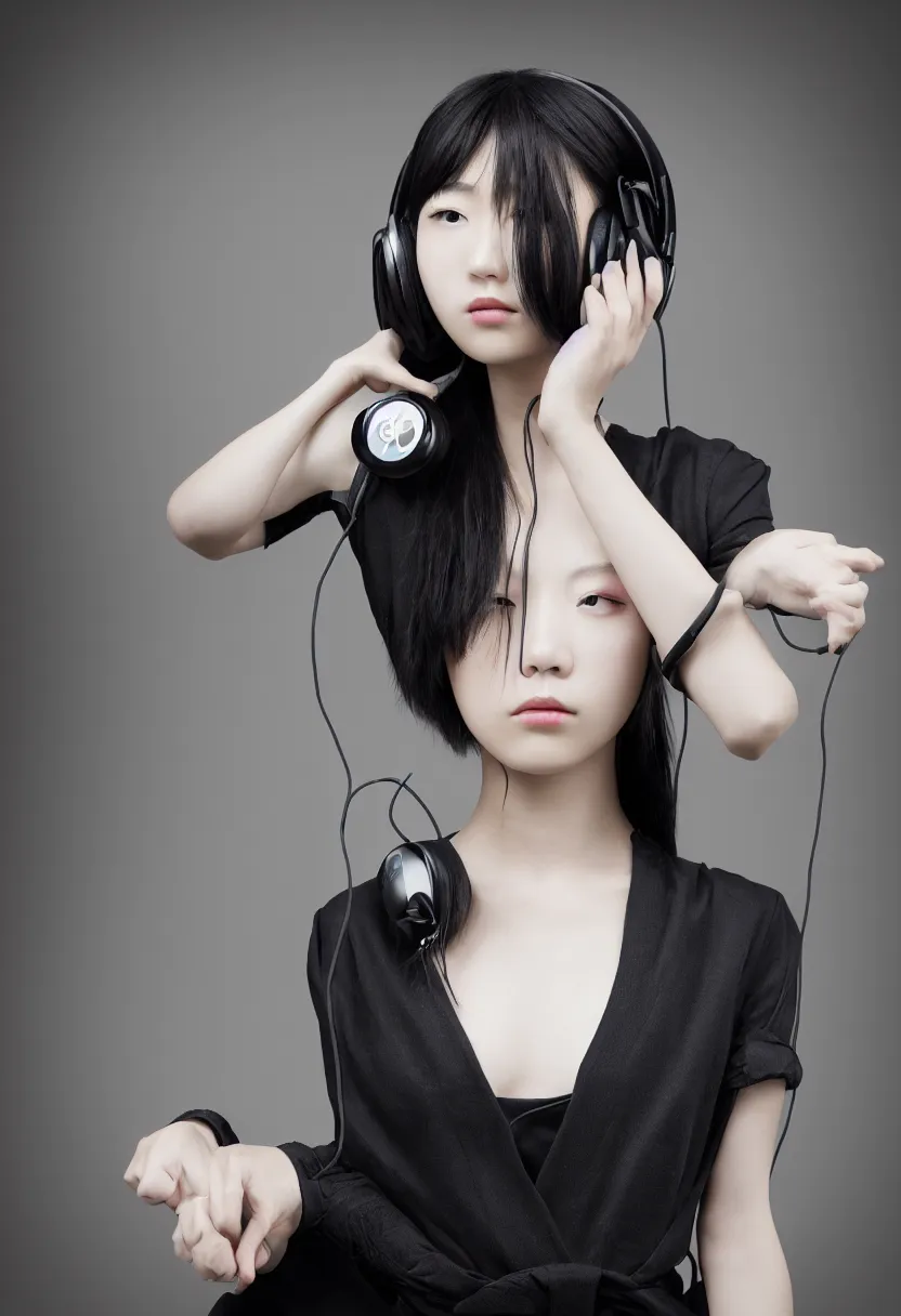 Prompt: single japanese young woman waist up portrait, headphones listening to music, elegant as fashion editorial shot, highly detailed, smooth, sharp focus, dramatic lighting, photo by vogue