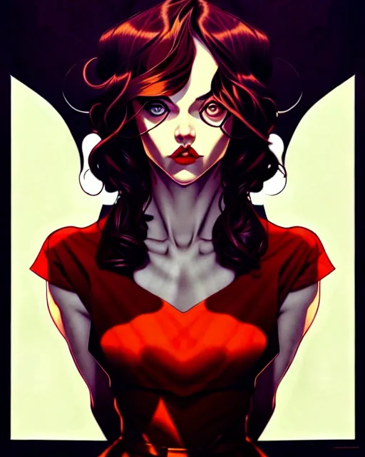 Image similar to artgerm, joshua middleton comic cover art, joanne calderwood, red dress, symmetrical eyes, symmetrical face, long curly black hair, dark castle background background, cinematic lighting