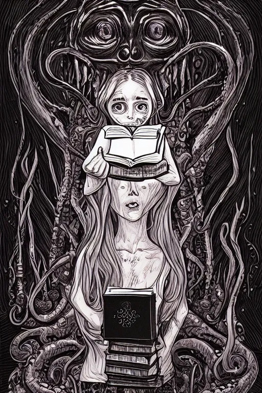 Prompt: biden illustration of romantic girl, her cat and her book of necronomicon, symmetrical, cinematic, sharp focus, 4 k, ultra hd, sense of awe, sinister demonic atmosphere, dreadful, forbidden knowledge, old gods, cthulhu, yog - sothoth! yah, yah, yah! cultist journal cover