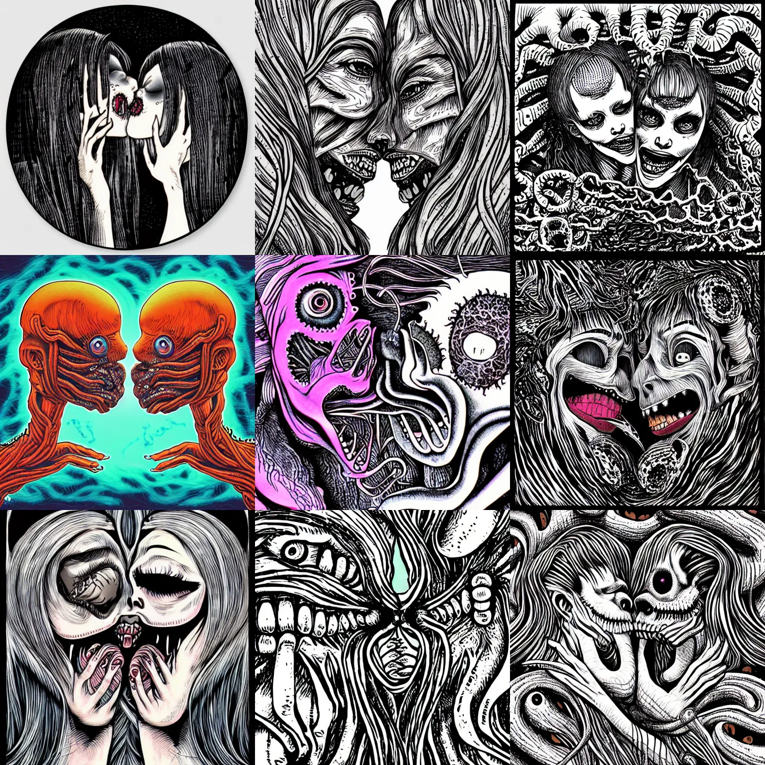 Prompt: two adorable, intertwined, Eldritch, women abominations of unimaginable horror kissing each other close-up by Junji Ito and H.R. Giger, speculative evolution, horror manga, psychedelic illustration, sticker illustration, Vector art