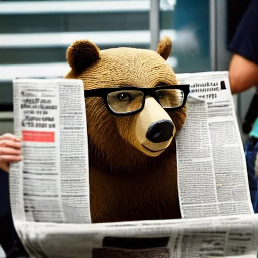 Prompt: Bear wearing glasses reading a newspaper in the subway