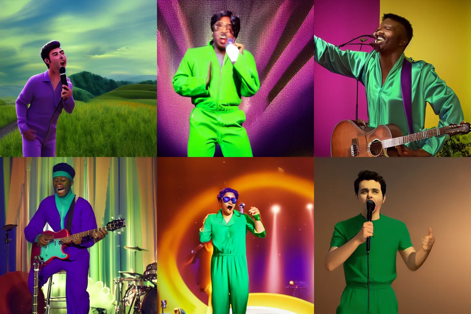 Prompt: Green hills, sunny, man in purple jumpsuit singing into a microphone, cinematic ighting