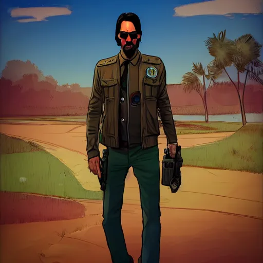 Image similar to keanu reevez in the art style of disco elysium