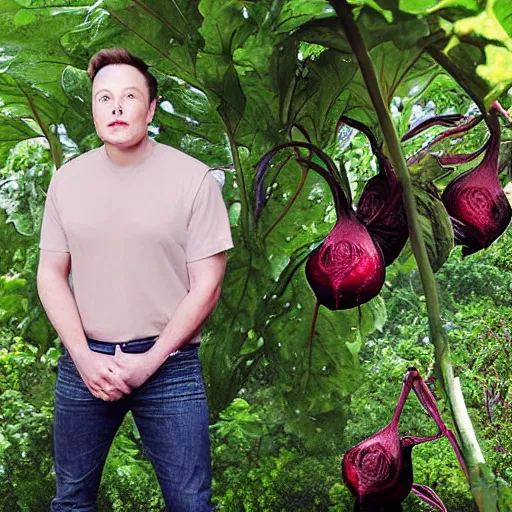 Image similar to Elon Musk skin like beets, in the garden, super realistic photo