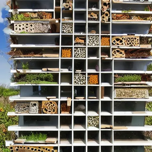 Image similar to insect hotel combined with modern buildings, cityscape, photograph