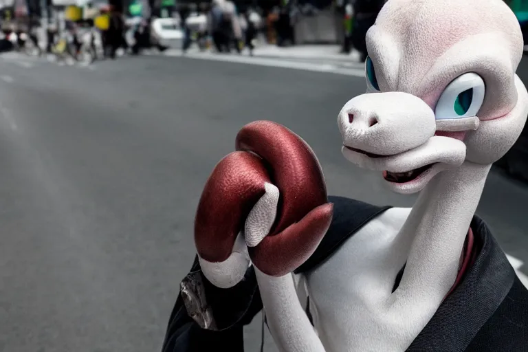 Prompt: closeup potrait of humanoid Mewtwo at a crosswalk in Tokyo, natural light, sharp, detailed face, magazine, press, photo, Steve McCurry, David Lazar, Canon, Nikon, focus