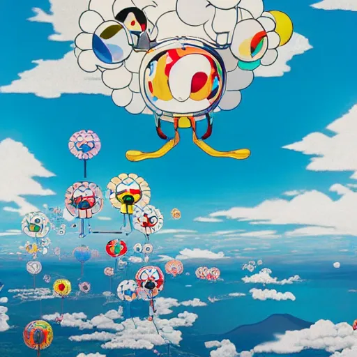 Image similar to a man walking on clouds above kyoto by takashi murakami, beeple and james jean, aya takano color style, 4 k, super detailed