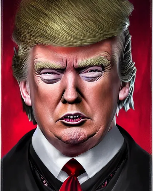 Prompt: donald trump as dracula, character portrait, close up, concept art, intricate details, highly professionally detailed, cgsociety, hyperrealist, in the style of otto dix and h. r giger