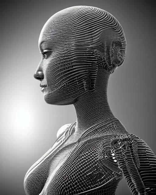 Image similar to mythical dreamy black and white organic translucent bio-mechanical spinal ribbed profile face portrait detail of mechanical beautiful female angelic-human-queen-cyborg, highly detailed, intricate crystal jelly steampunk ornate, poetic, 3D render, digital art, octane render, 8K artistic photography, photo-realistic, by Dora Maar