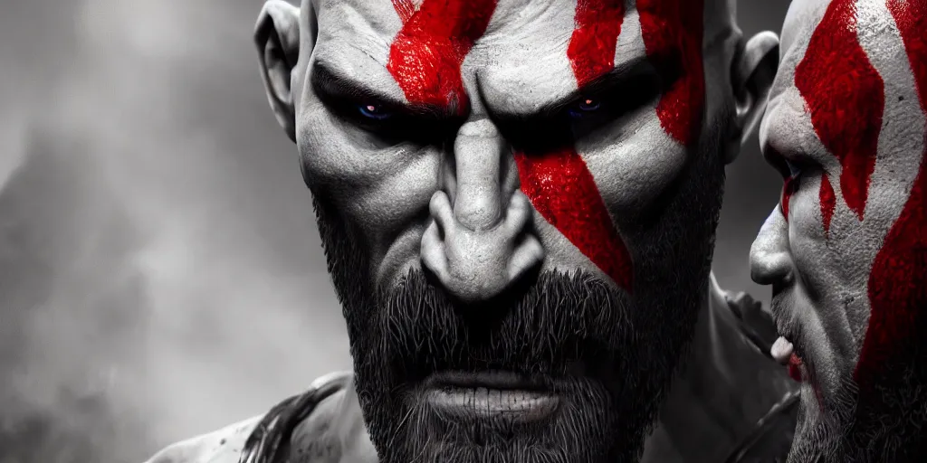 Image similar to Very highly detailed 3D render of an amalgamation of Kratos (God of War) mixed with Marcus fenix (Gears of War) by Greg Rutkowski, extremely detailed, brush hard, Atmospheric lighting, artstation, 4k, Ray Tracing, Maya, Unreal Engine 5, UE5