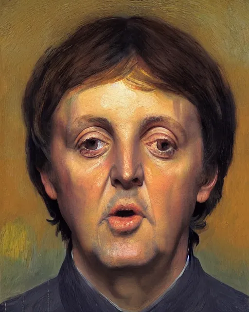 Prompt: painterly portrait, paul mccartney, impasto, fantasy, chuck close:7, carl spitzweg:7, cinematic light, full face, symmetrical face