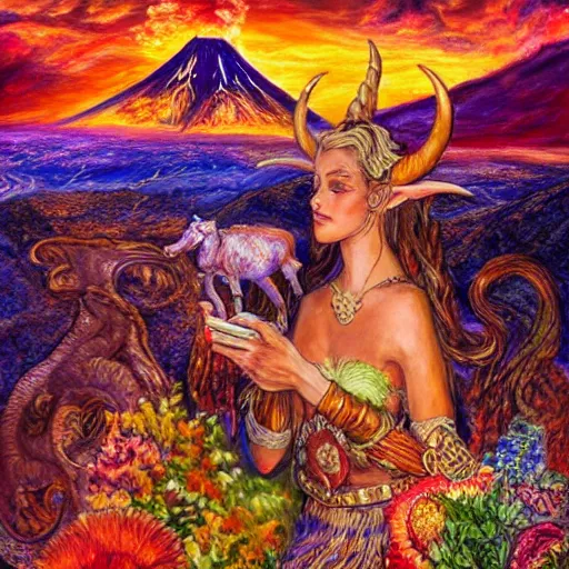 Image similar to painting by josephine wall, horned ram goddess, checking her cell phone, erupting volcano in distance, sunset, flowers in foreground, zodiac, fantasy acrylic on canvas, intricately detailed, highly detailed, high resolution, hdr, 8 k, by senior concept artist, trending on artstation
