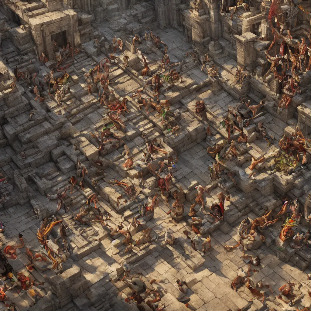 Image similar to highly detailed 3 d render of aztec and mayan priests resurrecting the gods in a temple, cutscene, concept art, highly detailed, unreal engine, 4 k,