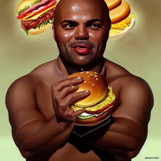 Prompt: portrait of charles barkley eating hamburgers, extra onions and ketchup, luscious patty with sesame seeds, feminine ethereal, handsome, d & d, fantasy, intricate, elegant, highly detailed, digital painting, artstation, concept art, matte, sharp focus, illustration, art by artgerm and greg rutkowski and alphonse mucha