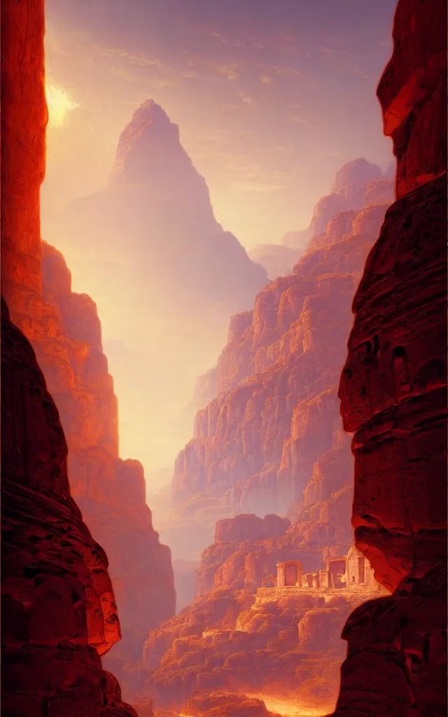 Prompt: A beautiful low angle photograph looking up at the lost city of petra between canyon cliffs with white flames illuminating the ruins of forgotten souls, by Raphael Lacoste and Martin Johnson Heade and Marc Simonetti, atmospheric, low angle, cinematic, intricate, ultra detailed, featured on artstation