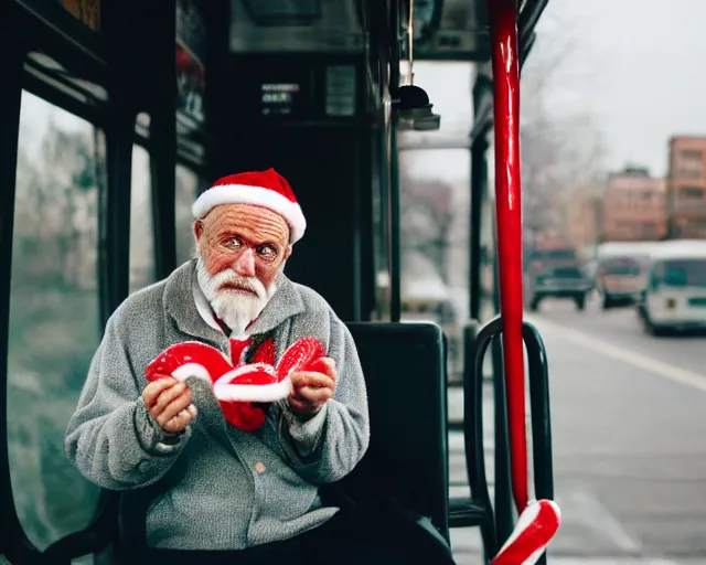 Image similar to an old man on a city bus holding a candy cane, portra 4 0 0 candid photograph portrait by annie leibovtz, 3 5 mm shot, f / 3 2, hyperrealistic, cinematic lighting, hd wallpaper, 8 k, 4 k