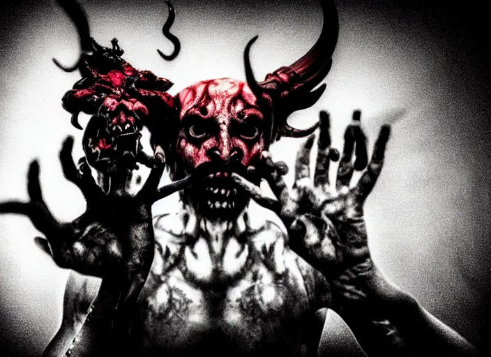 Prompt: dark mythology devils, psycho stupid fuck it insane, looks like demons but cant seem to confirm, cinematic lighting, psychedelic photoluminescent experience, various refining methods, micro macro autofocus, ultra definition, award winning photo, to hell with you, devianart craze, photograph taken by michael komarck