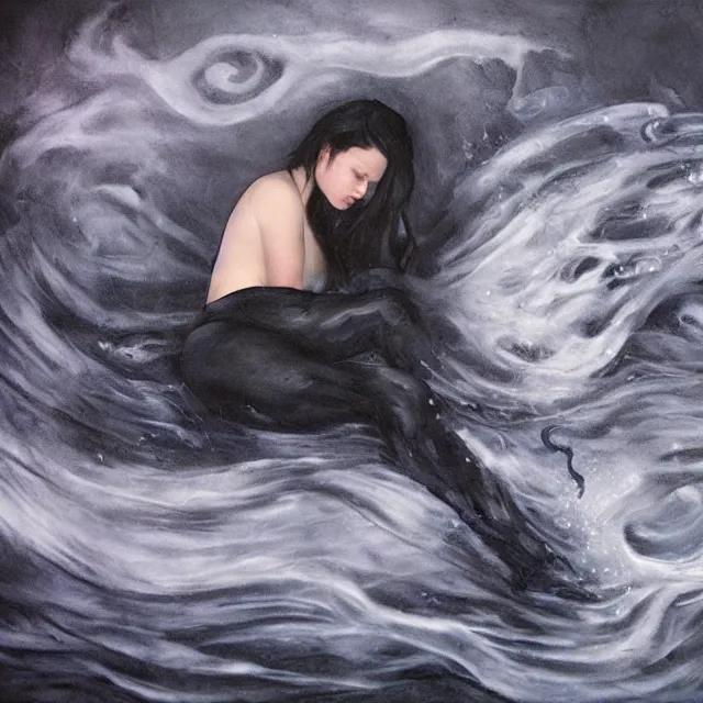 Prompt: a female art student falling asleep, misty, iceberg, black paint, dark, sensual, dreamy, waves, swirls, blue drips, fish, blueberries, octopus, neo - impressionist, surrealism