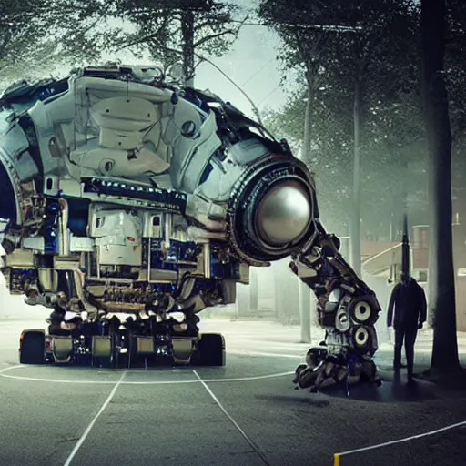 Prompt: a gigantic mechanical robot by Gregory Crewdson and Keos Masons, dribble, cg society