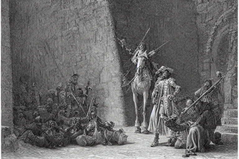 Image similar to highly detailed painting of big opened book, don quixote leave the book, symmetrical, masterpiece, by gene wolfe, highly detailed painting by gustave dore