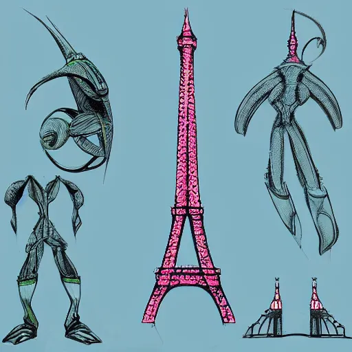 Prompt: weird alien rejected designs for the eiffel tower