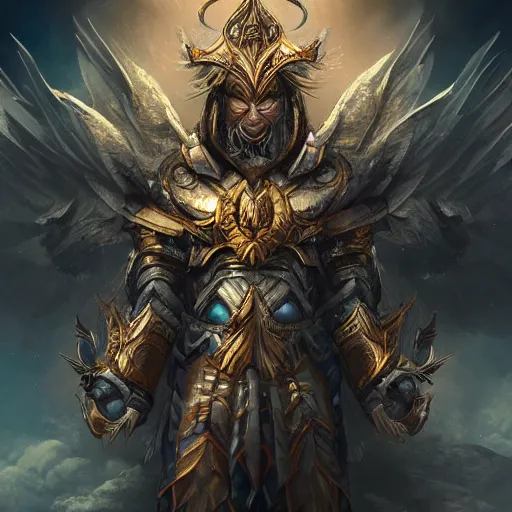 Image similar to dark fantasy concept of a celestial god, with cosmic armor on a mountain, cinematic, dynamic lighting, photorealistic, ultra detailed, trending on art station, stunning visuals, creative, hyper detailed