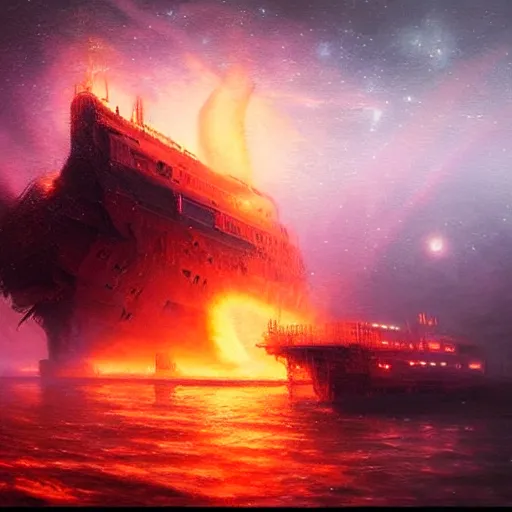 Prompt: UHD photorealistic Cosmic Ghost ship in a radioactive lake of fire, in the style of tonalism by Greg Rutkowski, trending on Artstation, hyperrealistic, correct details