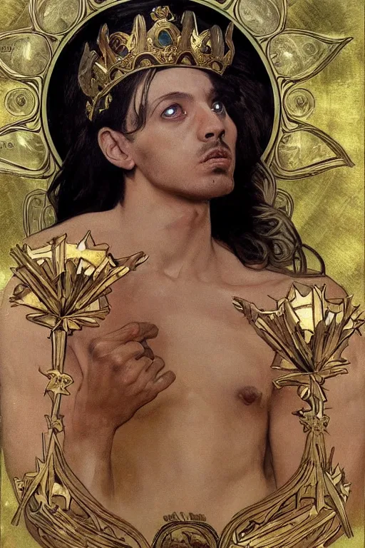 Prompt: God had dog Chihuahua's head, a radiant halo and crown, detailed face, gorgeous, very muscular male body, partial anatomy, stormy background, delicate and intricate borders for decoration, caesar victorious, proud Emperor, character close-up, intricate, highly detailed, 8K, digital painting, fantasy, concept art, sharp focus, art by alphonse mucha