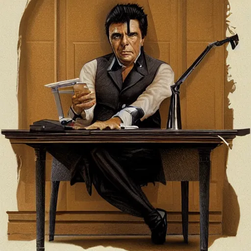 Image similar to amazing lifelike award winning pencil illustration of Michelle pfeiffer as Tony Montana sitting at his desk trending on art station artgerm Greg rutkowski cinematic