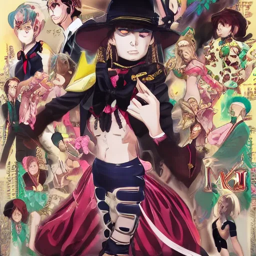 Image similar to Magazine Cover Anime key visual of a Gucci girl; official media; typography; drawn by Hirohiko Araki; Jojo's Bizarre Adventure; Jojolion, portrait, made by Stanley Artgerm Lau, WLOP, Rossdraws, James Jean, Andrei Riabovitchev, Marc Simonetti, Yoshitaka Amano, ArtStation