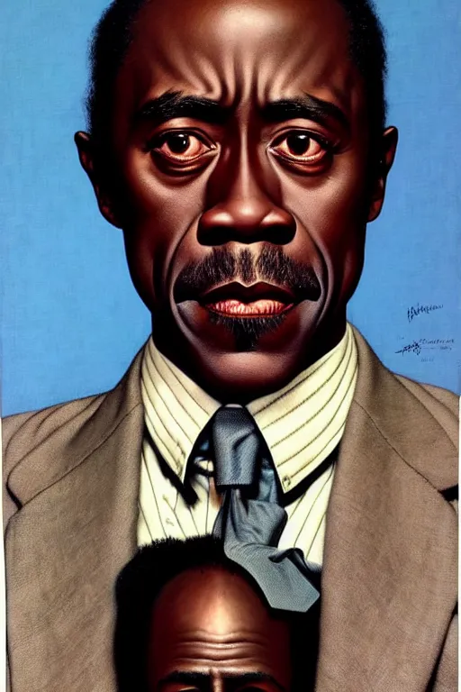 Image similar to don cheadle by gil elvgren and norman rockwell and rob gonsalves and hajime sorayama, hyperrealistic, high detail, ultra detailed, highly detailed face, ruffled fabric