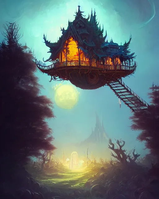 Prompt: twisted lunar treehouse temple, gilding, peter mohrbacher, alena aenami, dan mumford, dark fantasy, cinematic, artstation