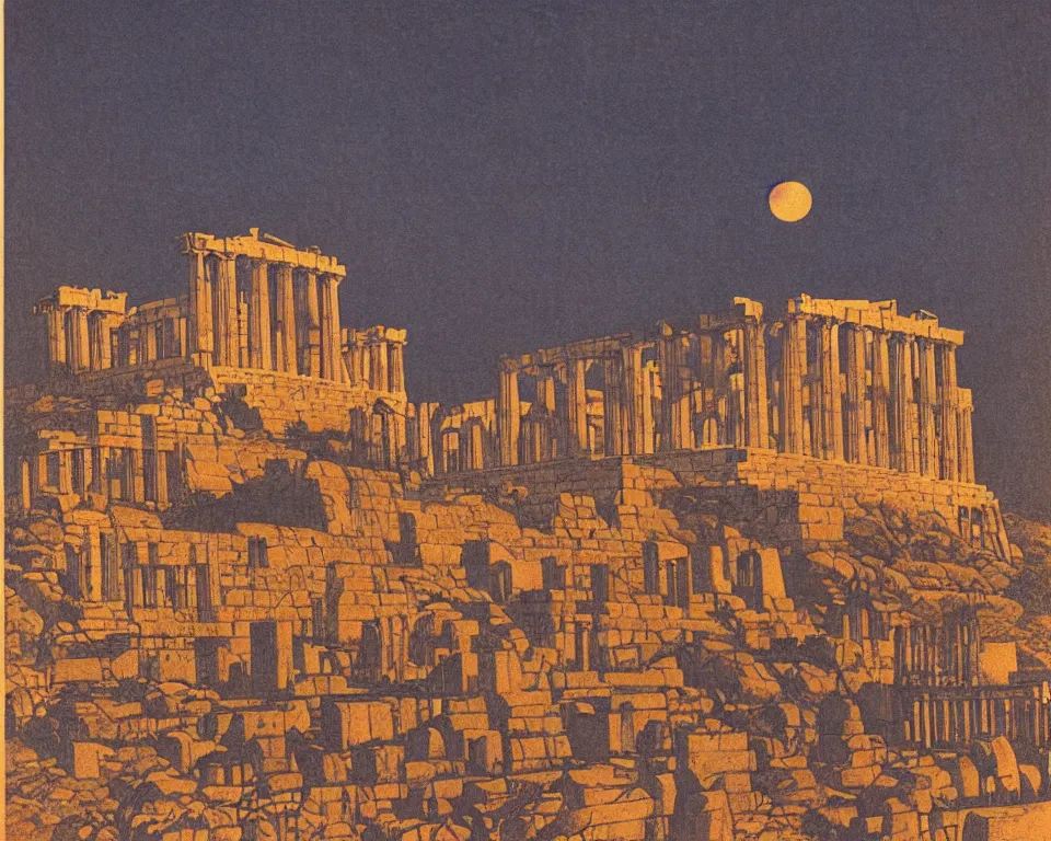 Prompt: achingly beautiful print of the Acropolis in Athens bathed in moonlight by Hasui Kawase and Lyonel Feininger.