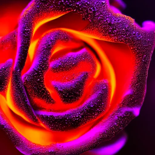 Prompt: award - winning macro of a beautiful magma rose made of glowing molten lava, inner glow, magma texture